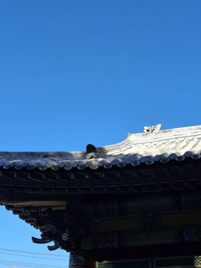 한식기와수리 시공 후 용마루와 처마 주변 기와 고정 상태 확인 사진